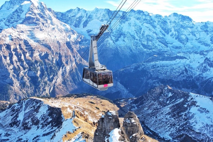 Aerial tramway in Swiss mountains
