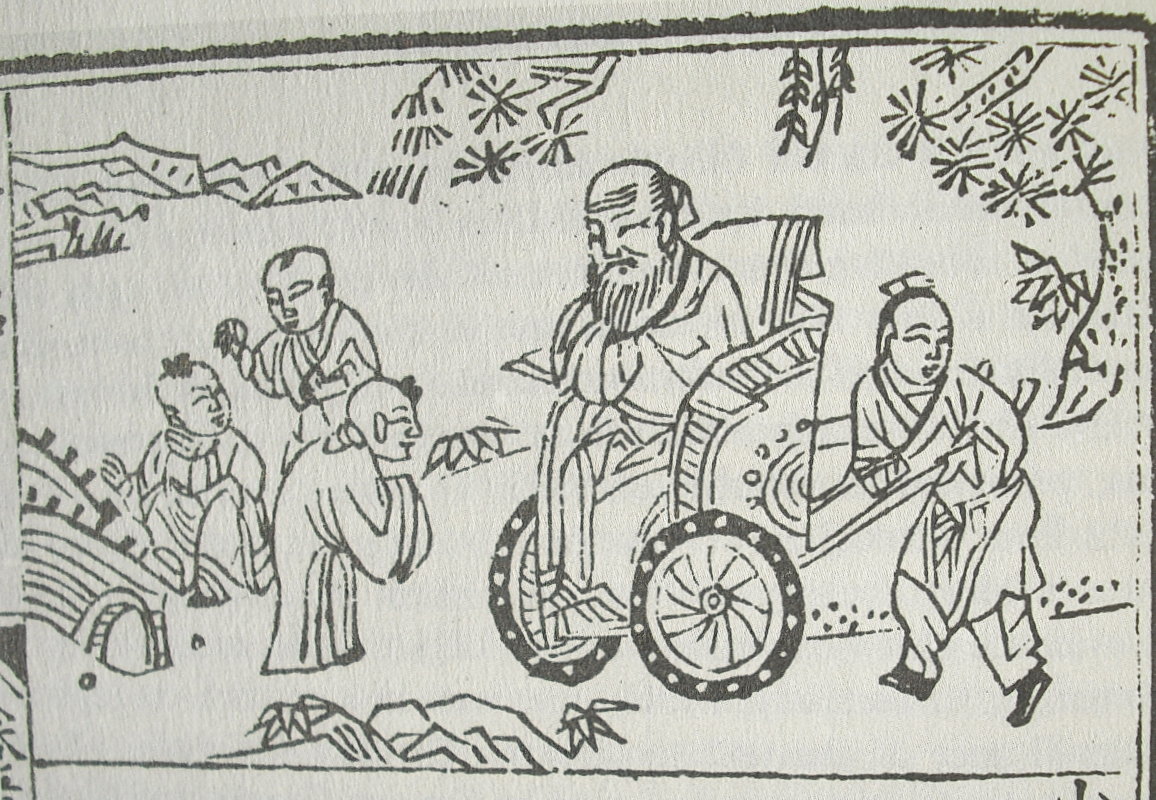 Dialogue between Confucius and a child, while he is sit in a wheelchair.