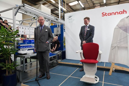 His Royal Highness the Prince of Wales addressing Stannah employees as Jon Stannah (Group Chairman) looks on.